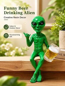 1件樹脂外星人花園雕像，趣味喝啤酒坐姿外星人小雕像，適用戶外庭院露台草坪裝飾，室內層架家居擺飾，創意科幻喬遷禮物，高度15.5cm/6.10in - A - 查看 3