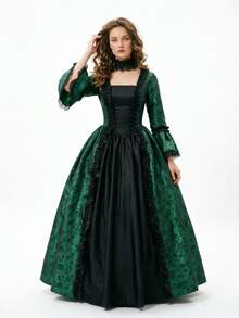 Gaun Cosplay Gaya Victoria Klasik, Gaun Pesta Formal Lengan Panjang Leher Persegi, Gaun Kostum Liburan Abad Pertengahan Renaissance - Hijau - View 2