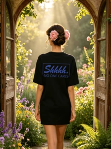 Camiseta de manga corta con cuello redondo suave y casual para mujer, con estampado gráfico de "Shhhh No One Cares" en azul, ideal para primavera y verano. - Negro - Ver 2