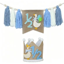 1set 1/2 Blue Half Birthday High Chair Banner Crown Set - Goose Half Birthday Party Decoration, Flower Lawn Party Photography Props, Six Month Boy Girl Birthday Decor, Sweet Cake Smash Photo Props, Wall Hanging Decor, Kids Bedroom Photo Props, Baby Photography Props, Bohemian Style Decor - Baby Blue - View 13