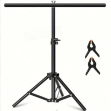 Soporte de luz en forma de T pequeño de 30 pulgadas (aprox. 76.2 cm), soporte mini adecuado para papel de fondo de escritorio de estudio, soporte de fondo en forma de T con barra transversal y 2 clips - negro - Ver 1