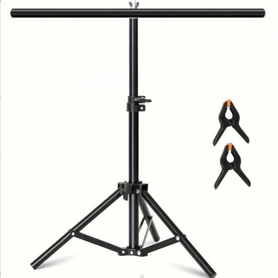 Soporte de luz en forma de T pequeño de 30 pulgadas (aprox. 76.2 cm), soporte mini adecuado para papel de fondo de escritorio de estudio, soporte de fondo en forma de T con barra transversal y 2 clips - negro - Ver 1