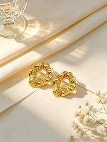 Low Allergenic Stainless Steel Gold-Plated Earrings, Fashionable Geometric Texture Pendant, Thick Design Elegant Earrings For Women, Lightweight Earrings With Matte Finish, Perfect Party Gift, Unique Jewelry Set, Exquisite Fashionable Earrings For Girlfriends - Multicolor - View 4