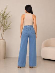 Women's Wide Leg Jeans, Straight Fit, Elegant, Thick Denim, No Elastane, Premium - Medium Wash - View 4