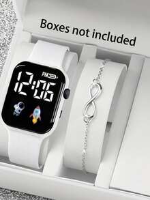 2pcs Electronic Watch Set, Silicone Strap LED Digital Wristwatch With Infinity Symbol Bracelet, Versatile Gift For Students - Multicolor - View 1