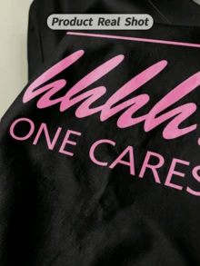 Women's Soft And Casual Short-Sleeved T-Shirt With A Round Neck, Featuring A "Shhhh No One Cares" Graphic Print In Pink, Ideal For Spring And Summer. - 黑色 - 查看 3