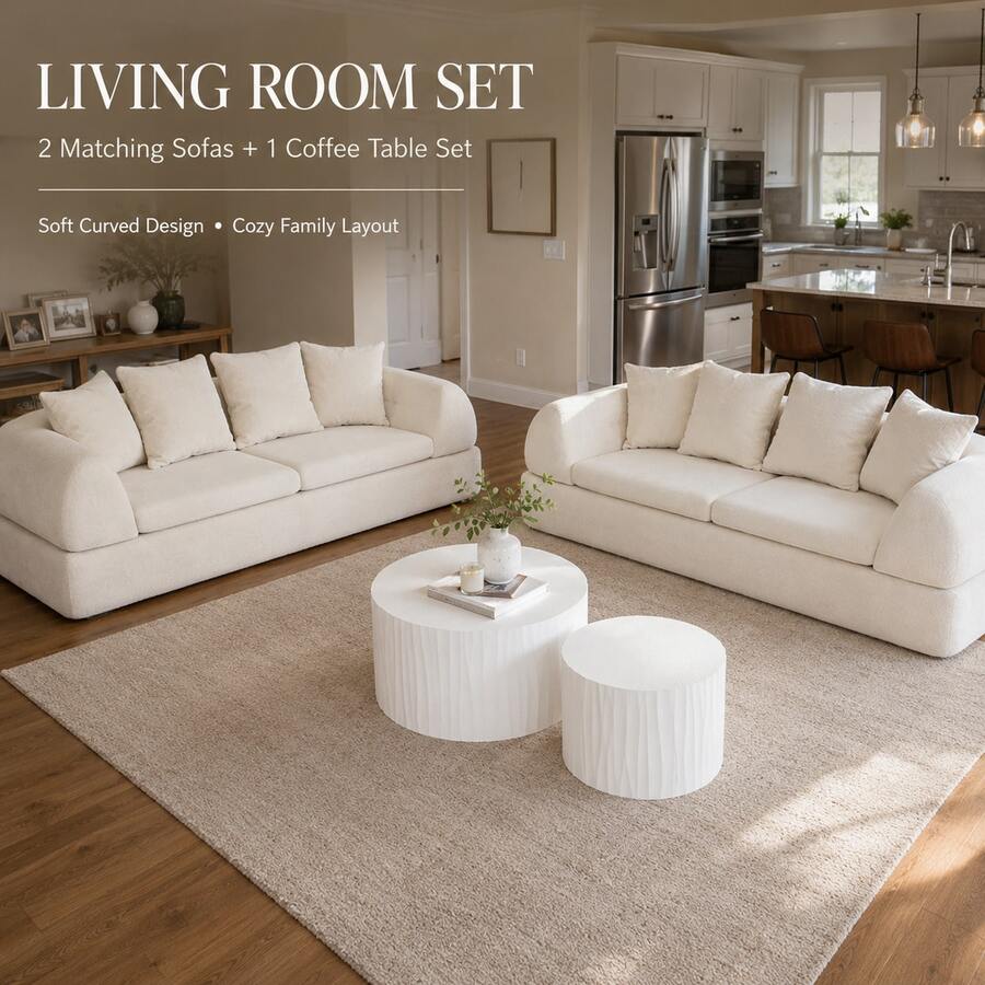 2-Piece Cloud Modular Sectional Sofa & Set Of 2 Round Nesting Coffee Tables, White/Creamy White Living Room Set, No Assembly Required