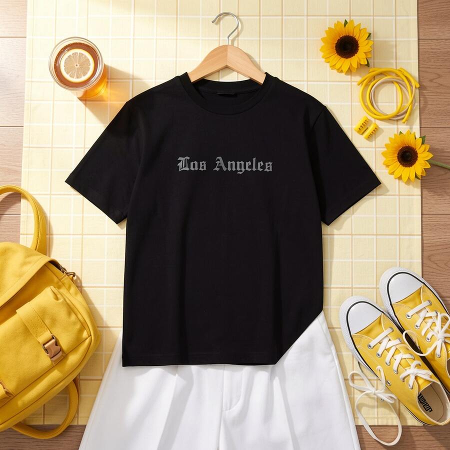 Camiseta de manga corta con cuello redondo y diseño sencillo para hombres - Negro - Ver 1