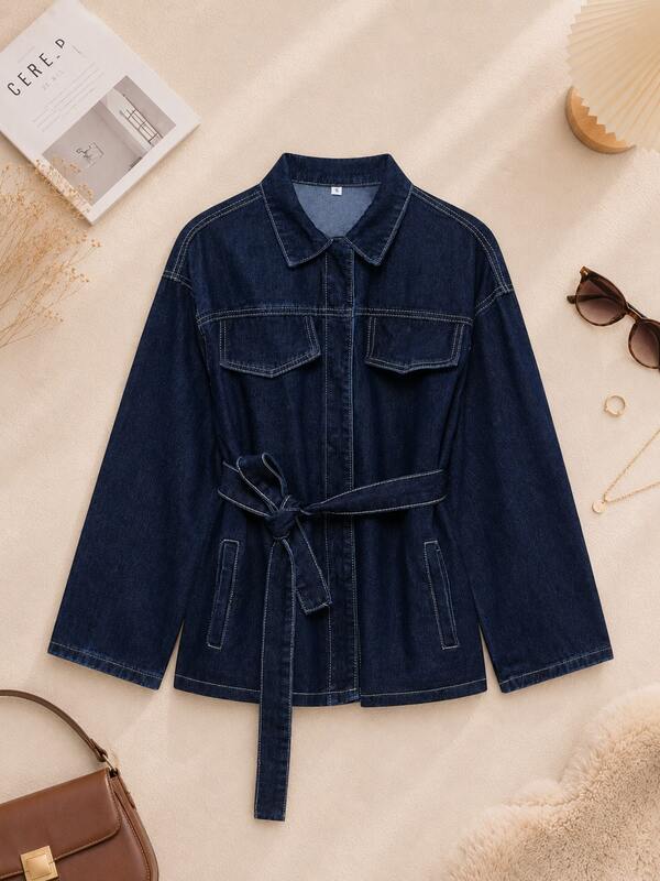 Retro Collar Denim Jacket With Belt, Suitable For Spring And Autumn Casual