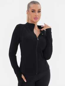 This Athletic Jacket Features A Simple Yet Stylish Aesthetic, Blending Collegiate Flair With Sporty Elements. Designed With Long Sleeves And Integrated Thumbholes, It Is Crafted From A Comfortable, High-Stretch Fabric-Making It Ideal For Fitness Activities Such As Dance Or Pilates. Featuring A Full-Zip Front And A Stand-Up Collar, This Jacket Utilizes Three-Dimensional Tailoring, Streamlined Seams, And A Figure-Flattering Silhouette With Effective Waist-Cinching-A Summer Athletic Jacket Specifically Designed To Provide A Sleek, Slimming Fit For Women. - 黑色 - 查看 5