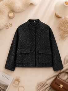 Women's Fashion Commuter Stand Collar Sequin Jacket Vacation Black - Black - View 1