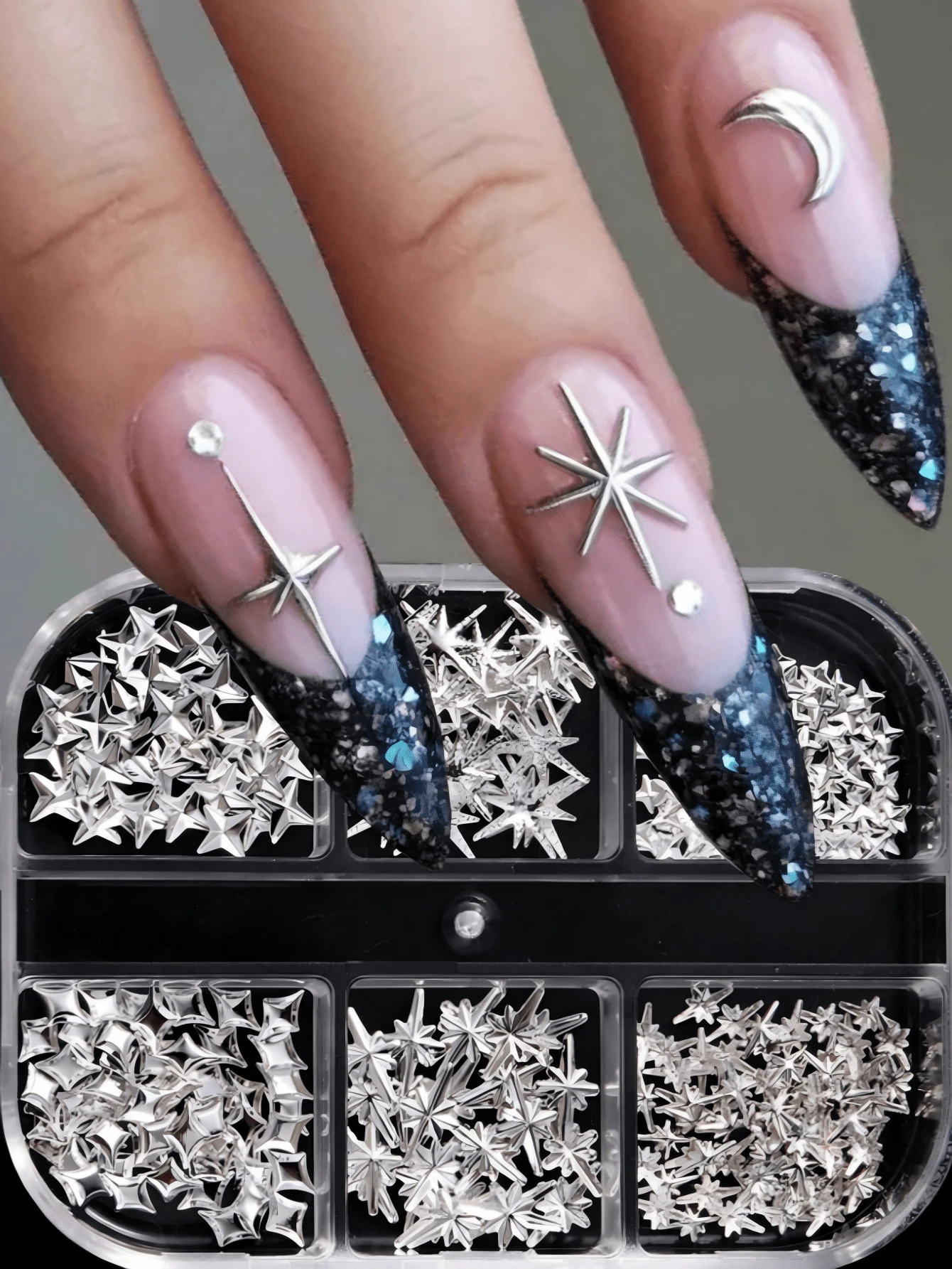 6 Grids 3D Silver Metal Star & Geometric Nail Art Charms (Pentagon, Triangle, Square, Exploding Star, Cross Star), Y2K Japanese Style Nail Jewelry For DIY Manicure - Silver - View 1