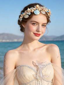 Diadema de sirena con estrella de mar natural, concha marina y cristal, con alambre dorado, accesorios para el cabello de novia para boda, despedida de soltera y playa - Multicolor - Ver 3