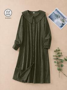 Women's Solid Color Retro Corduroy Oversized Lapel Single-Breasted Long Sleeve Coat, Winter - Army Green - View 3
