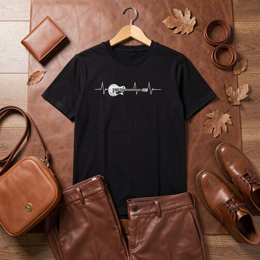 Estampados creativos en camisetas para hombre100_ Cotton Music & Guitar Shirts Guitarist Heartbeat Guitar-Shirt Fashion Women's Men's Graphic Tee Causal Tops,Apto par - Negro - Ver 1