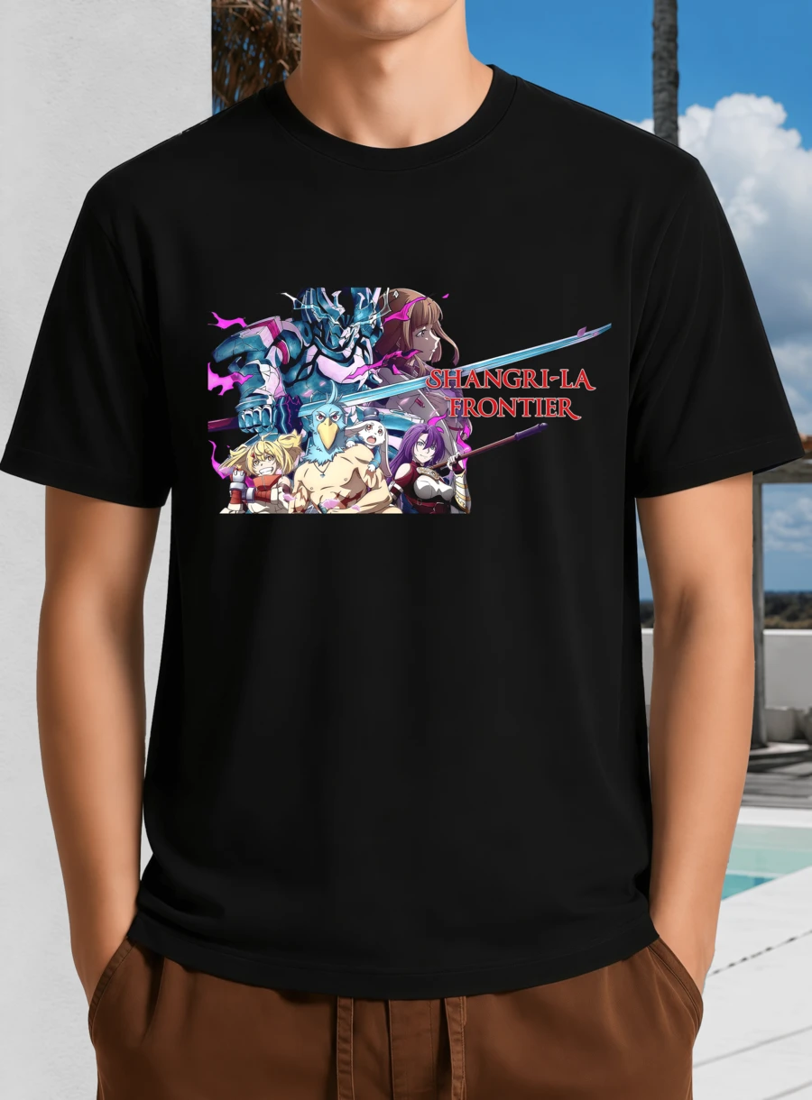 Svart unisex-t-shirt med gruppfoto av Shangri-La Frontier - Anime Fantasy Adventure Crew - Svart - Visa 1