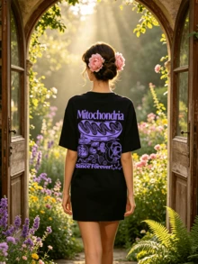 Camiseta de manga corta con cuello redondo suave y casual para mujer, estampado gráfico de ciencia de mitocondrias en color morado para primavera y verano. - Negro - Ver 2