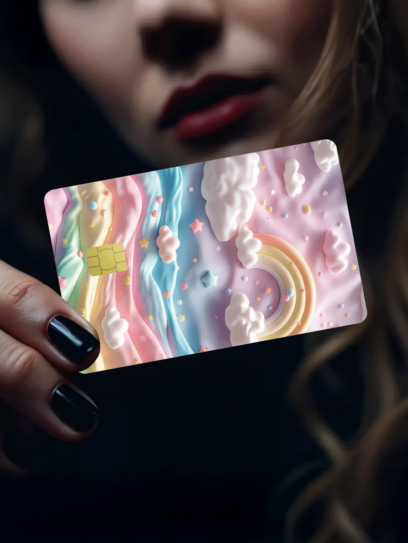 1pc Cute Rainbow Cloud Credit Card Sticker, Cotton Candy Style Party Birthday Gift, PVC Material Anti-Fingerprint Anti-Scratch Durable Skin, Suitable For Men, Women, Couples, Fits Small Chip Cards, Bank Cards, Credit Cards, Transportation Cards, Student ID Cards For DIY - Type a - View 1