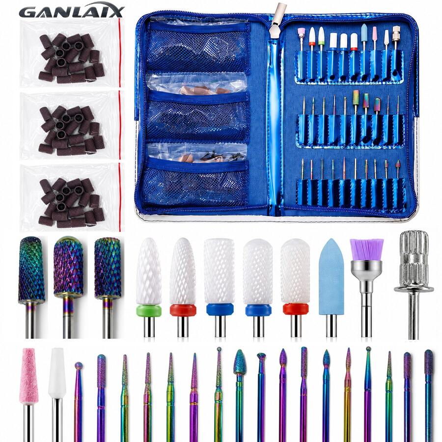 GANLAIX Professional Nail Care & Polishing Tool Kit, Includes 30pcs Nail Drill Bits + 3 Sets Sanding Bands, Complete Manicure & Pedicure Accessory Set With Zipper Storage Bag - Blue - View 1