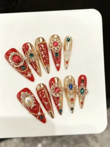 10入手工壓製長尖甲片，精緻假指甲，耐用奢華宮廷風，溫柔紅金電鍍手工美甲，適合女性 - 紅色 - 查看 12