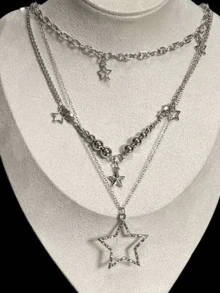 3 piezas Collar de estrella ligera de subcultura Y2K Hot Girl estilo milenario dulce y cool - Plateado - Ver 4