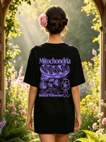 Camiseta de manga corta con cuello redondo suave y casual para mujer, estampado gráfico de ciencia de mitocondrias en color morado para primavera y verano. - Negro - Ver 4