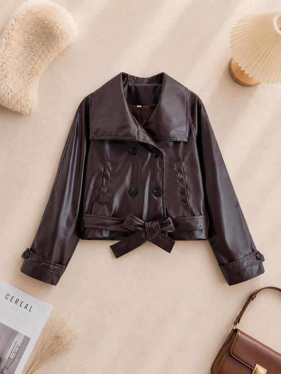 Solid Color Lapel Belt Short Faux Leather Windbreaker, Spring/Autumn - Brown - View 1