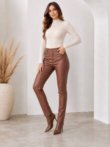 Women's Resin-Coated Leather-Effect Skinny Pants With A High Waist, High Elasticity, A Design That Enhances The Buttocks And Curves, Casual And Elegant For Autumn/Winter. - 棕色 - 查看 2