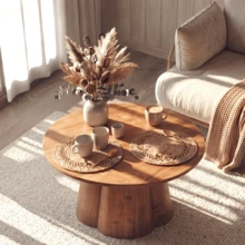 LITTLE TREE Coffee Table, Round Coffee Table For Living Room, Solid Wood Center Table, Small Farmhouse Coffee Table For Apartment Small Space, Brown - 棕色 - 查看 6