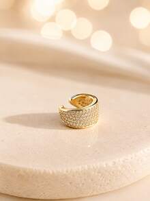 1pc Minimalist Gold Plated CZ Pave Ear Cuff, No Piercing Wide Band Ear Clip, Daily & Party Ear Accessory - Gold - View 5