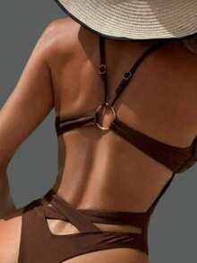 Women's Swimsuit With Deep V-Neck, Thin Straps, Open Back, Thong Bottom, Bodysuit, - 棕色的. - 查看 2