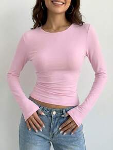 Camiseta de manga larga de cuello redondo de ajuste delgado y casual para mujer, color negro, para primavera - Rosa - Ver 1