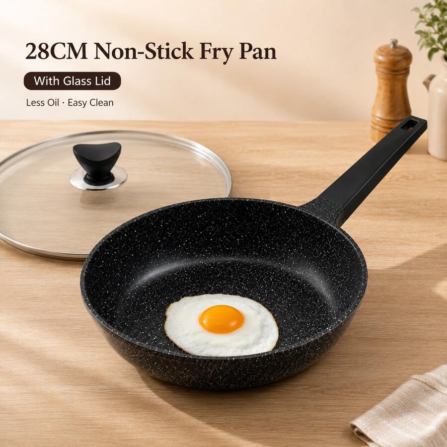 Chảo chống dính 28cm, vật dụng thiết yếu trong gia đình, chảo đáy phẳng phù hợp với mọi loại bếp, có thể rửa bằng máy rửa chén, thiết kế không đinh tán, nồi nhôm. - Xem 1