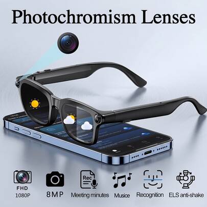 FECOUL Ces nouvelles lunettes photo et vidéo intelligentes offrent l'enregistrement vidéo HD 1080p, une résolution 4K, la traduction assistée par IA, un assistant vocal, la reconnaissance d'objets, une interaction intelligente par questions-réponses, l'enregistrement de photos et vidéos HD, la stabilisation d'image EIS, la transmission d'images Wi-Fi vers votre smartphone, le contrôle du volume par curseur, la réduction du bruit grâce à un double microphone, la réduction du bruit lors des appels et la lecture de musique. Leur matériau TR résistant, la traduction en temps réel via une application et leur batterie longue durée les rendent idéales pour le vlogging, comme traducteur de voyage, pour la visioconférence et permettent des appels vidéo et un enregistrement instantané grâce à leur autonomie exceptionnelle. Elles conviennent aux voyages, aux réunions, à la conduite et aux sports de plein air, et constituent également un cadeau parfait.