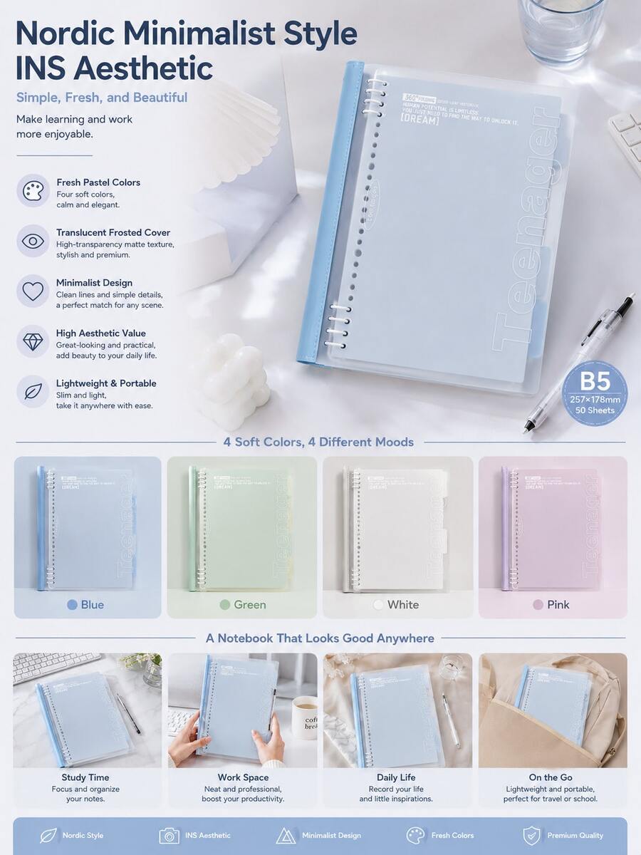 B5 Refillable Loose-Leaf Notebook, Student-Specific Detachable Loose-Leaf Notebook, Large Capacity Notebook, Loose-Leaf Refill, Highly Attractive Minimalist Soft Leather Loose-Leaf Notebook, Elementary School, Middle School, High School, College Student Classroom Notebook, Office Meeting Record Book, Replaceable Inner Pages, Office And Study Supplies, Notebook And Writing Board