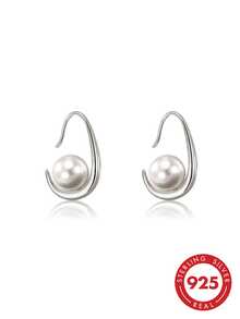 S925 Silver Teardrop Pearl Stud Earrings, Silver/Gold Minimalist C-Shaped Earrings, Hypoallergenic Jewelry For Pierced Ears, Suitable For Elegant, Fashionable Women, Great For Valentine's Day, Birthday, Party, And Daily Wear, Come With A Delicate Gift Box - Silver - View 2