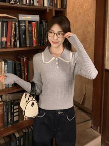 Sweater Polo Wanita Gaya Preppy Kasual Musim Gugur/Dingin untuk Perjalanan Sehari-hari, dengan Trim Kontras dan Kerah Pas Badan - Grey - View 1