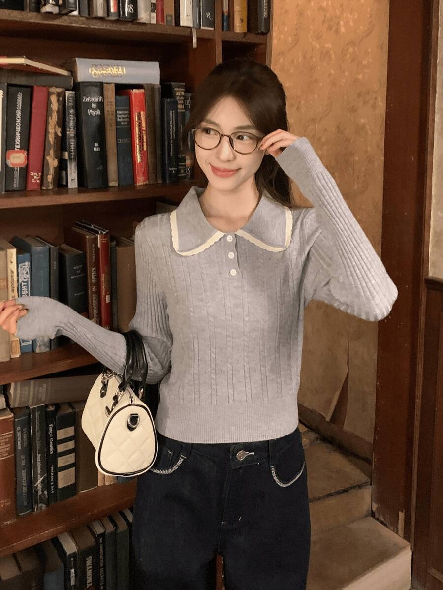 Sweater Polo Wanita Gaya Preppy Kasual Musim Gugur/Dingin untuk Perjalanan Sehari-hari, dengan Trim Kontras dan Kerah Pas Badan - Grey - View 1