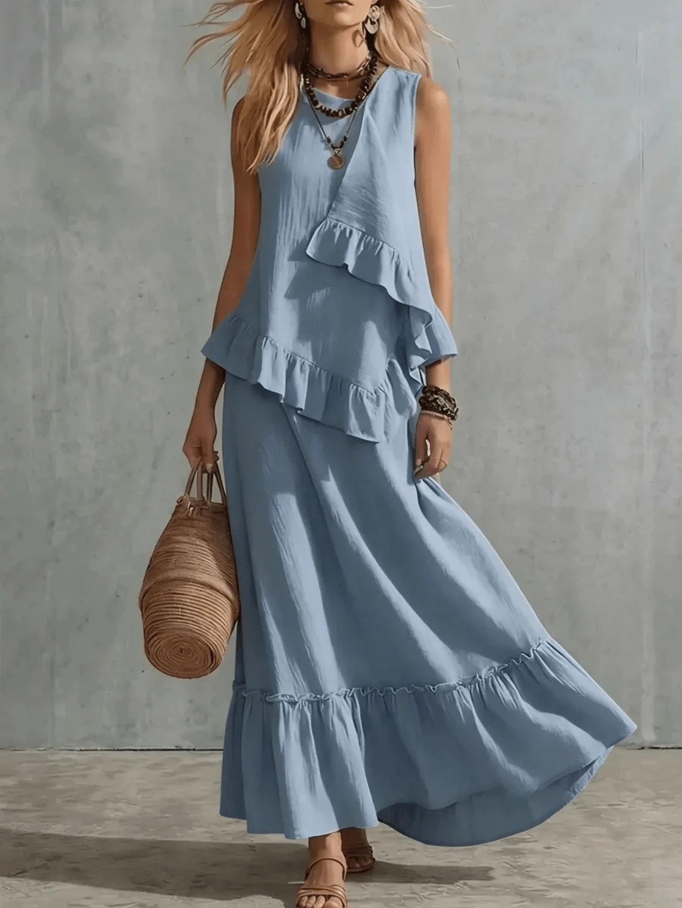 Women's Two-Piece Set, Sleeveless Ruffled Blouse And Long Ruffled Skirt - Blue - View 1