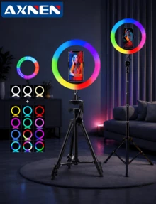 AXNEN 10-Inch RGB Ring Light, Suitable For Tripod And Remote Control, 39 Color Modes And Stepless Brightness/Speed Adjustment, Applicable For Live Streaming, Video Recording, Makeup And Photography - Multicolor - View 1