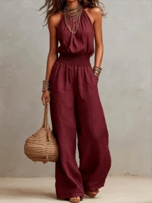 Women's Khaki Boho Halter Neck Jumpsuit, Sexy Sleeveless Smocked Waist Wide Leg Jumpsuit, Linen-Like Lightweight Fabric, Summer Vacation Essential For Beach Trips & Casual Daily Wear - 酒紅色 - 查看 16