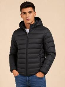 Men's Black Puffer Jacket With Hood, Lightweight And Warm Padded Puffer Jacket, Casual Winter Coat For Everyday Wear - màu đen - Xem 6