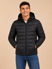 Men's Black Puffer Jacket With Hood, Lightweight And Warm Padded Puffer Jacket, Casual Winter Coat For Everyday Wear - màu đen - Xem 11