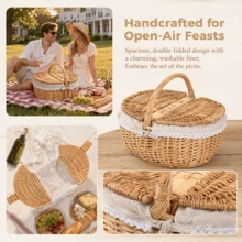 1‑Piece Standard Size Handmade Natural Wicker Picnic Basket, Rustic Country Style Woven Gift Basket With Lid & Portable Handles, Breathable Hand‑Woven Rectangular Storage Hamper For Outdoor Picnic, Party, Barbecue & Holiday Gifting - A - View 3