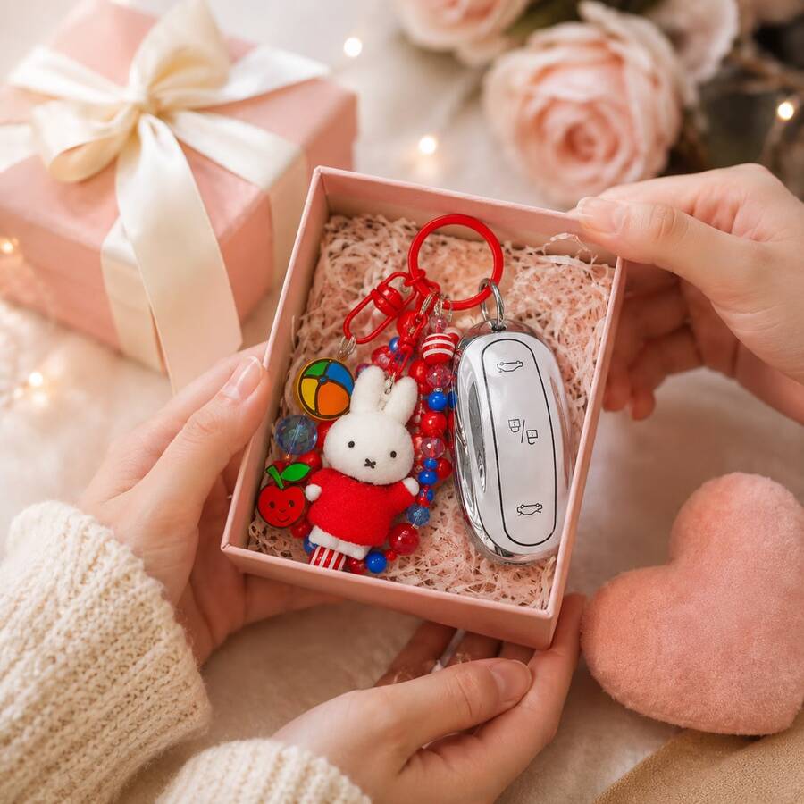 Miffy兔子紅色水果冒險系列鑰匙圈，可愛兔子毛絨吊飾，情侶包包掛飾，可愛草莓與櫻桃主題鑰匙圈，女性背包裝飾，美感動漫角色鑰匙圈