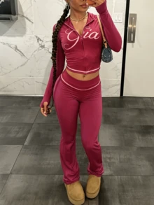 Mantos Casual Fall Outfits Women  Two Piece Sets  Long Sleeve Tops Match Long Pants Sets Sports Outfits For Women Graphic Print Going Out Outfit - 玫紅色 - 查看 2