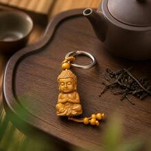 1pc Wooden Buddha Keychain, Natural Wood Monk Pendant, Suitable For Bags And Car Keys, Zen Good Luck Amulet, Spiritual Protection Gift For Men And Women - Rust Brown - View 1