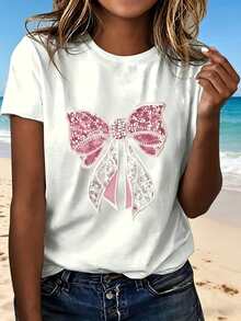 Pink Bow Sequin Print T Shirt With Fashion Design Cute Stylish Casual Wear For Beach Party Outing Perfect Gift - Blanco - Ver 11