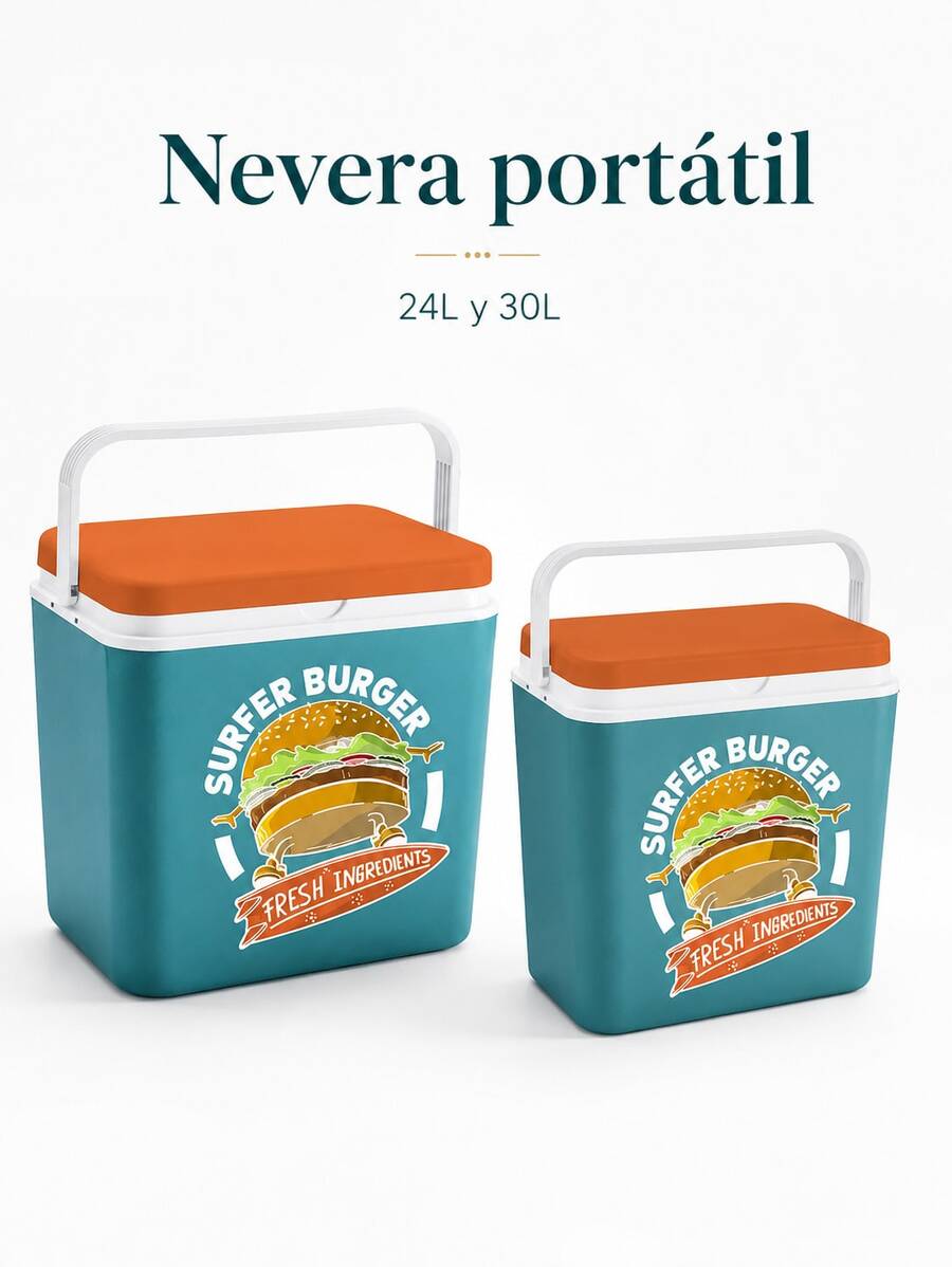 Nevera portátil - La mejor nevera portátil pequeña para acampar, la playa o viajes al campo - 24L-30L - Caja isotérmica con estampado de hamburguesa - Ver 1