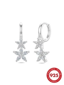 1 Pair S925 Sterling Silver Flower Earrings With Shiny Zirconia Stone Flower Pendant Double Hoop Earrings, Delicate And Elegant Earrings For Pierced Ears, Hypoallergenic, Suitable For Women's Daily Wear, Casual, Travel, Comes With Exquisite Gift Box, Great For Birthday, Holiday, Party Gifts - Silver - View 2